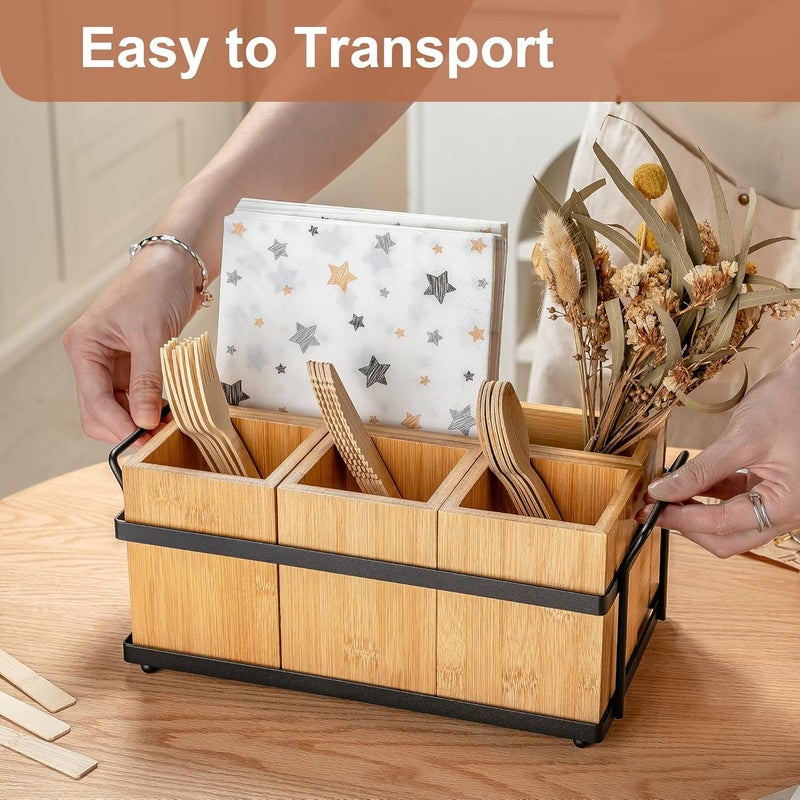 PTSTING Silverware Caddy Wood Utensil Holder Paper Plate Dispenser Silverware Utensil Caddy Cutlery Flatware Organizer Box for Spoons Forks Plates Napkins - Image 2